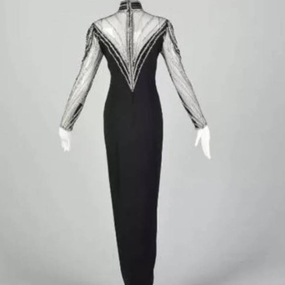 Bob Mackie Art Deco Gown Mandarin Neck Black Sheer Mesh, Deep V Plunge Beaded, - Picture 4 of 12
